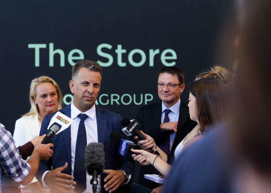 NSW transport minister Andrew Constance announces The Store redevelopment plan, flanked by Newcastle lord mayor Nuatali Nelmes and parliamentary secretary for the Hunter Scot MacDonald. Picture: Jonathan Carroll