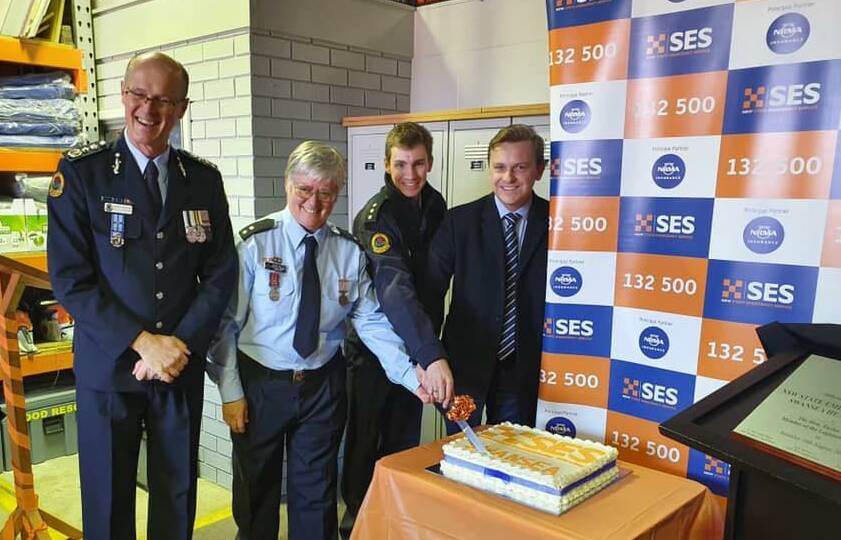 NSW State Emergency Service Commissioner Kyle Stewart, deputy local commander Sarah Miller, Swansea SES unit commander Nicholas Hanrahan and NSW upper house member Taylor Martin open the Swansea SES unit.