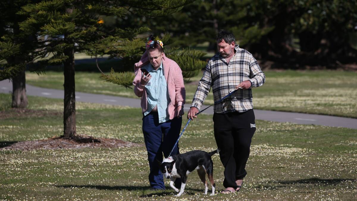 Graham Cameron's sister Bernice Hughes, her partner Daryl Browning and Mr Cameron's dog Izzy. Picture: Simone De Peak