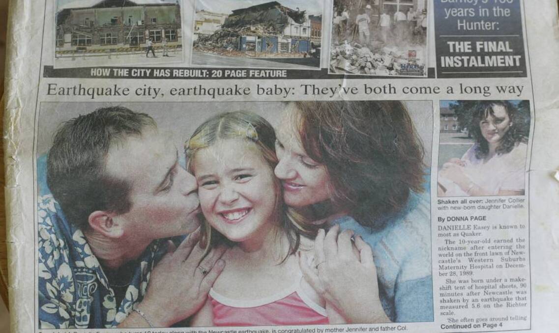 FAMILY: A newspaper clipping from 1999 marking a decade since the Newcastle earthquake and 10 years since Danielle Easey was born. Danielle's mum Jennifer and dad Colin are pictured with her on the page. 
