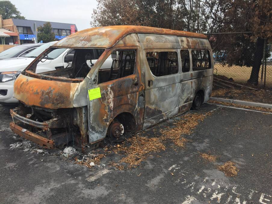BLAZE: A van torched by Peter Joseph King in the early hours of December 18, one of three vehicles, all used by disability support services at Raymond Terrace, that the 18-year-old arsonist targeted last month. Picture: Sam Rigney 