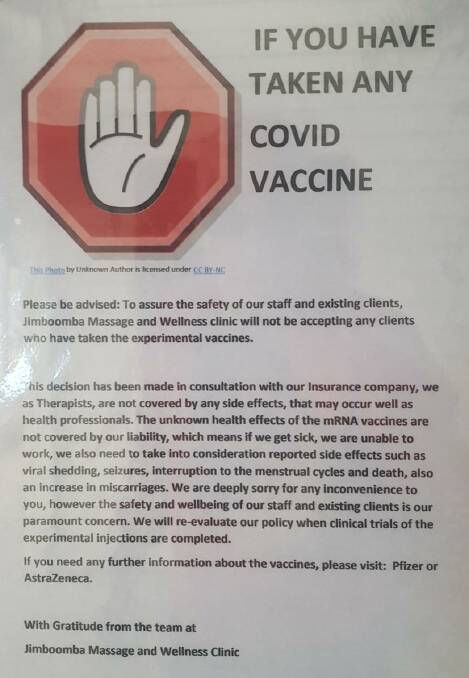 TURNED AWAY: Jimboomba Massage and Wellness Clinic is not accepting customers who have been vaccinated against COVID-19.