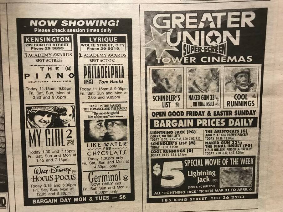 Advertisements from the Newcastle Herald in 1994 for Newcastle’s Lyrique, Kensington and Tower Cinemas.