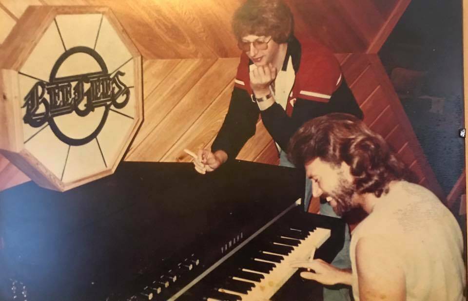 David with Barry Gibb in The Bee Gees Miami studio in the 1980s.
