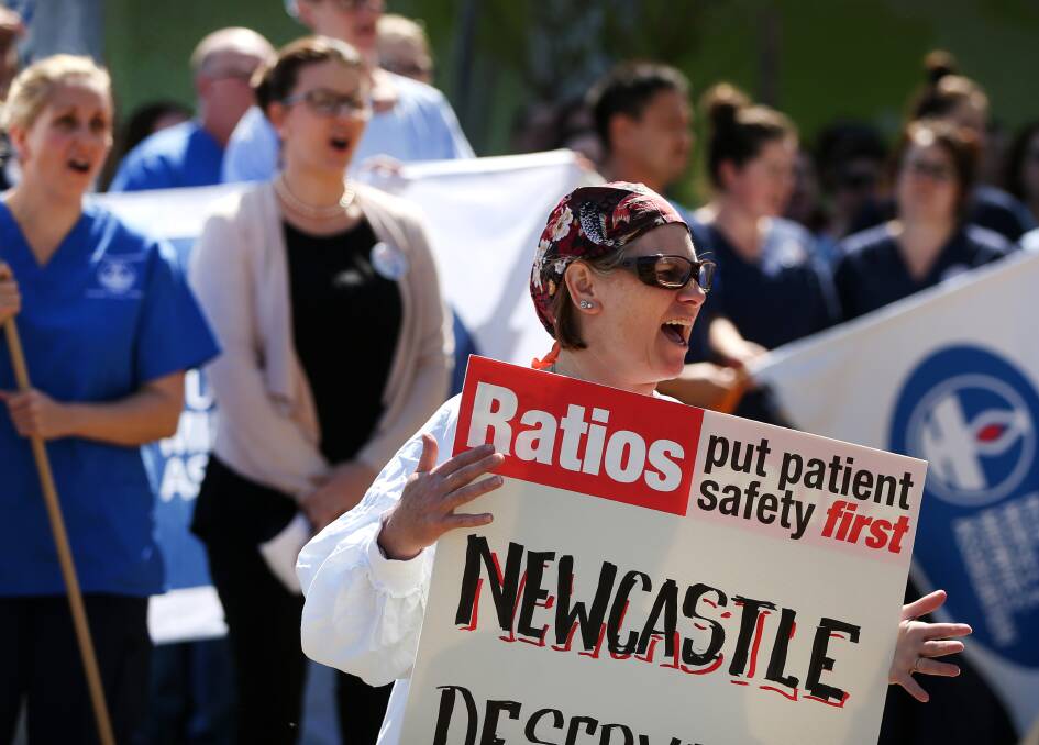 LISTEN UP: This shot, taken by the Newcastle Herald's Marina Neil in 2017, shows the nurses' fight for ratios isn't a new one.