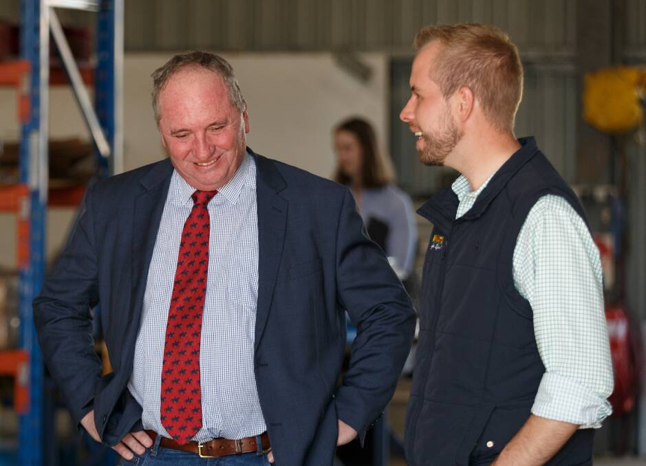 Deputy Prime Minister Barnaby Joyce, pictured with Hunter candidate James Thomson, says his party stands behind the jobs of coalminers ahead of the federal election. Picture: Max Mason-Hubers