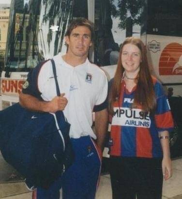 FAN GIRL: Amy and Joey as the Knights get off the team bus in 2004.
