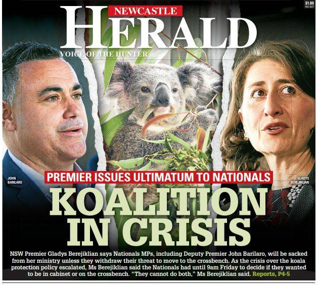 The front page of Friday's Newcastle Herald.
