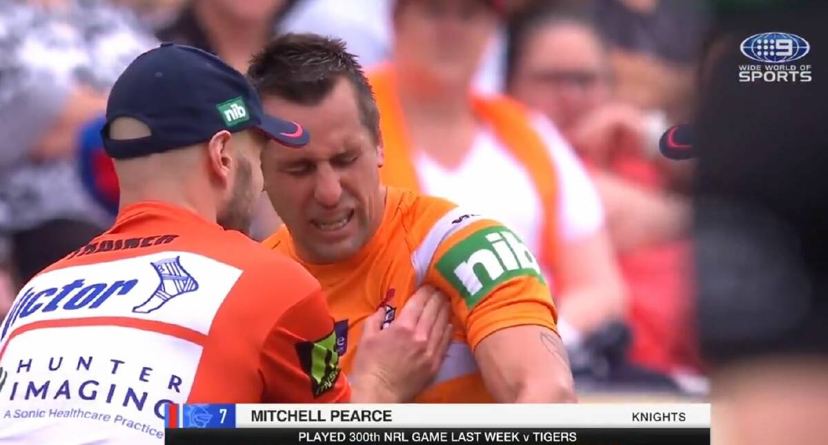 Mitchell Pearce after suffering his injury on Sunday. Picture: @NRLonNine Twitter