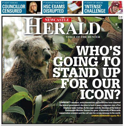 The front page of Thursday's Newcastle Herald
