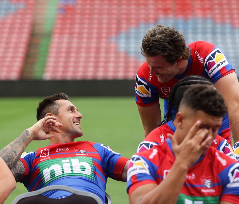 Mitchell Pearce and Lachlan Fitzgibbon were all smiles on Wednesday. Picture: JONATHAN CARROLL
