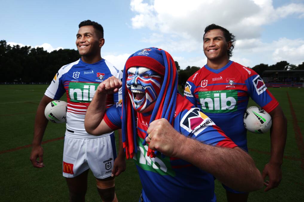 The Saifiti brothers with superfan Geoff Campbell. Picture: Simone De Peak