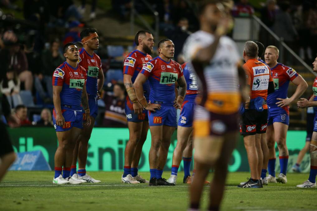 FAMILIAR SIGHT: The Knights were overrun in the second half at McDonald Jones Stadium by a Broncos outfit missing Adam Reynolds. Picture: Jonathan Carroll