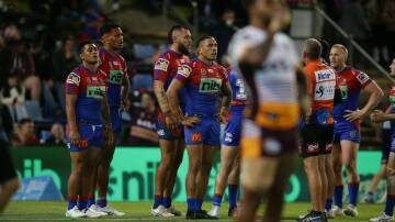 FAMILIAR SIGHT: The Knights were overrun in the second half at McDonald Jones Stadium by a Broncos outfit missing Adam Reynolds. Picture: Jonathan Carroll