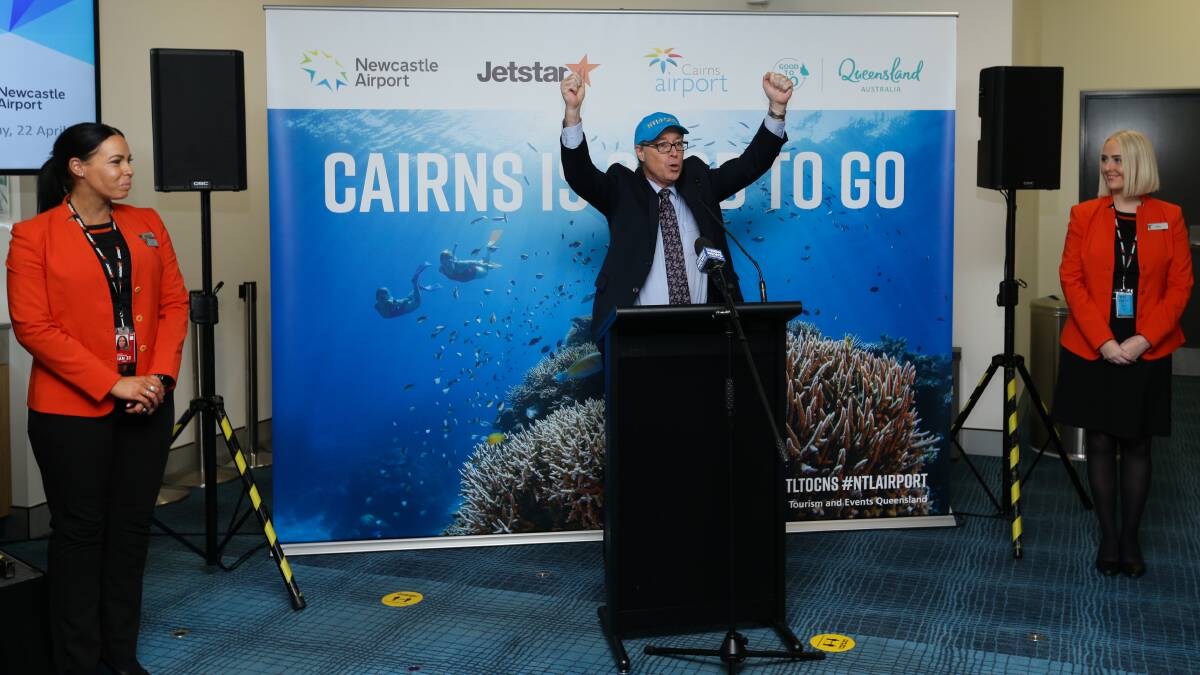 HIGH HOPES: Newcastle Airport chief executive Dr Peter Cock at last week's announcement of flights to Cairns. Picture: Jonathan Carroll