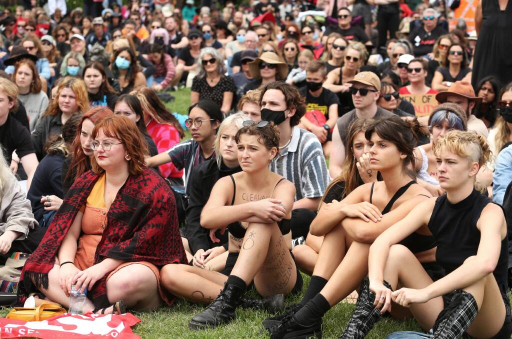 Liv Croft was one of more than 15 women who shared stories of sexual assault and discrimination at the Newcastle March 4 Justice in Civic Park on Monday. Picture: Simone De Peak