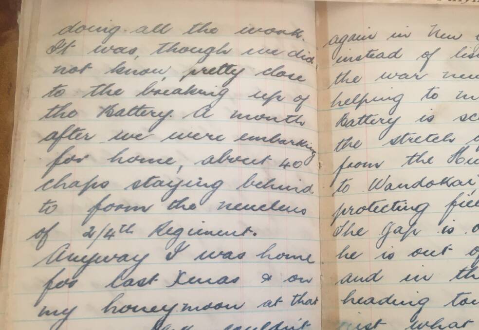 Pages from Les Lees' World War 2 diaries that feature in chapter 7 of the published book. At the top of the second page is his sentence "...instead of listening to the war news we are helping to make it".