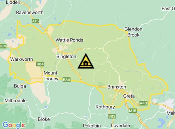Flood watch warnings are in place for Wollombi Brook and the Lower Hunter River. Picture Google maps/Hazards Near Me NSW app 