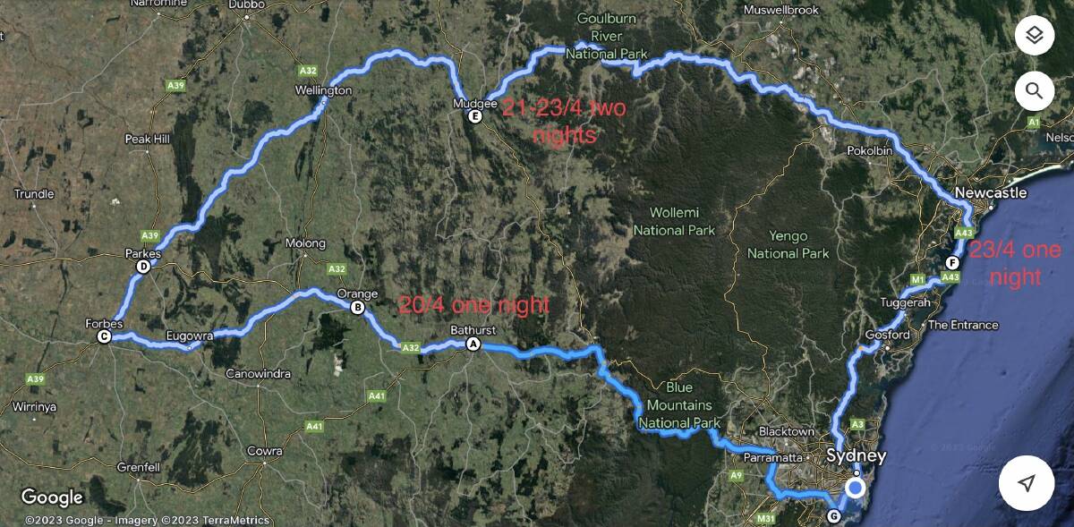 The 'Old Blokes Driving for a Cancer Cure' road map for their trip in April. 