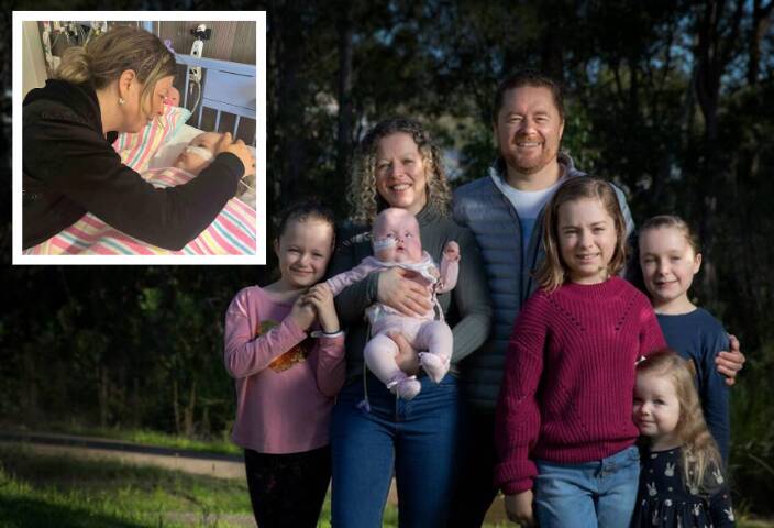 Christie and Brad Rea with their daughters Imogen, Summer, Mischa, Breanna and Catya. Inset Christie with Imogen in hospital. Pictures by Marina Neil/supplied