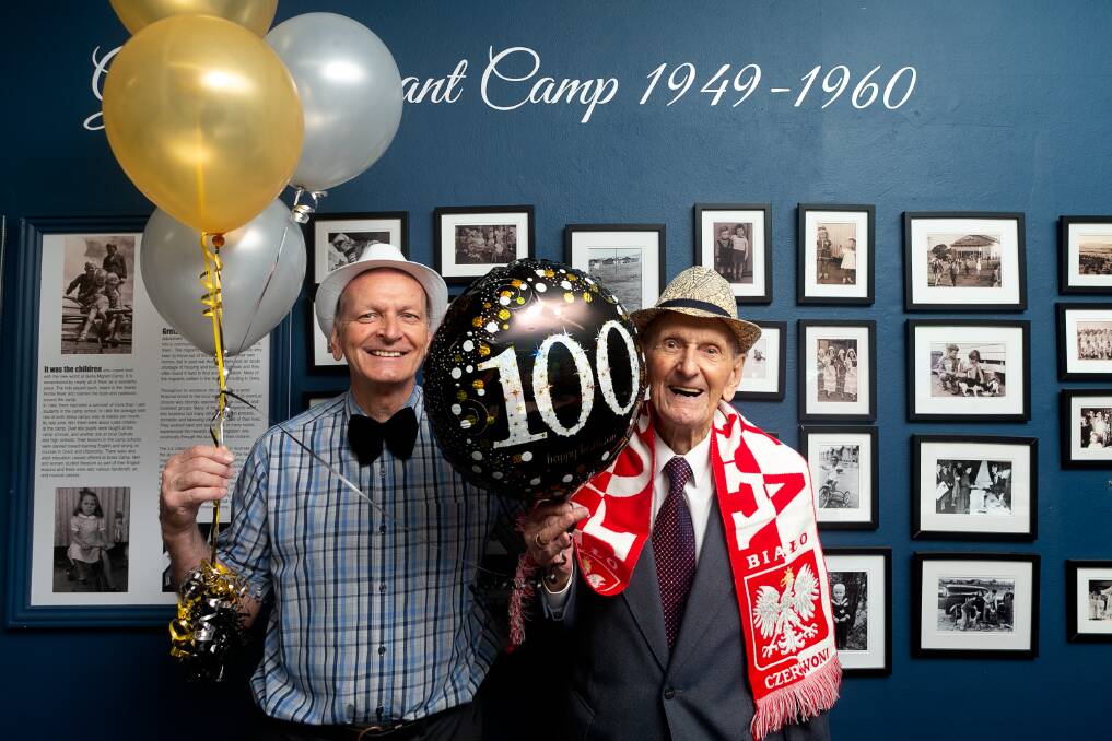 Polish immigrant and World War II veteran Jozef Pilarski turns 100 and enjoys celebrating with his son Kas Pilarski. Picture by Jonathan Carroll