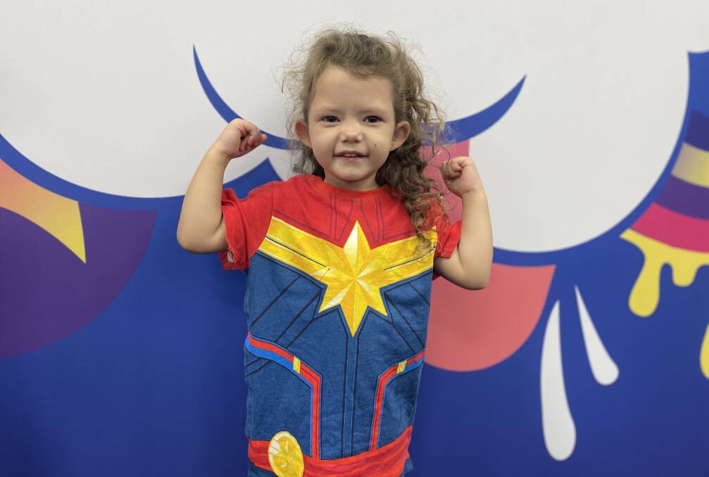 Three year-old Amaya Hickson from Maryland wearing her Captain Marvel Supertee. Picture by Alanna Tomazin