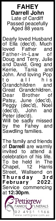 FAHEY Darrell John Late of Cardiff Passed peacefully Aged 88