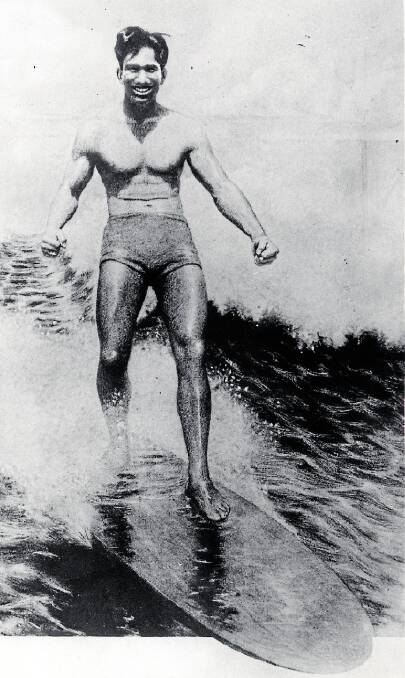 Surfer Duke Kahanomaku, the Hawaiian swimmer who introduced surfboard riding to Australia during a visit to Freshwater Beach, Sydney in 1915. Pic supplied by Peter Luck Productions   