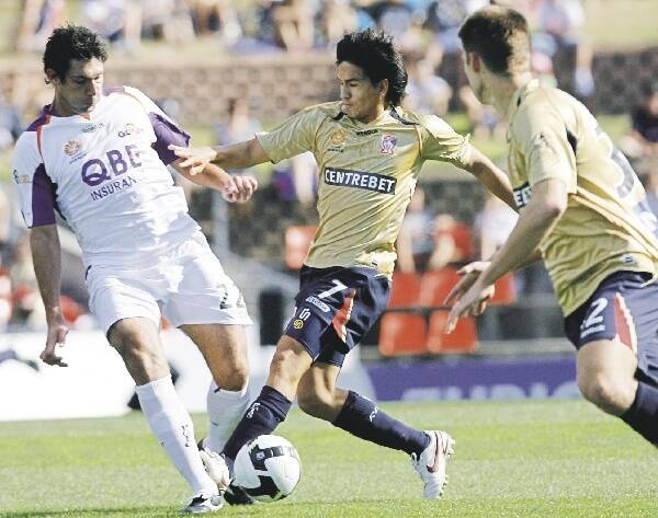 MAKING AN IMPRESSION: Newcastle's Kaz Patafta gets stuck in against Perth Glory last weekend.- Picture by Darren Pateman