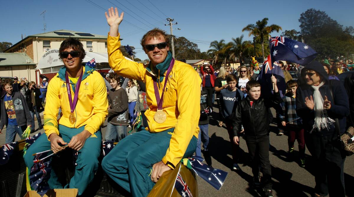 NCH NEWSWelcome home parade for Olympic gold medallist's Iain Jensen and Nathan Outteridge. Wangi Wangi. Picture shows Nathan Outteridge, right, and Iain Jensen, left.1st September 2012 NewcastleNCH NEWS PIC JONATHAN CARROLL