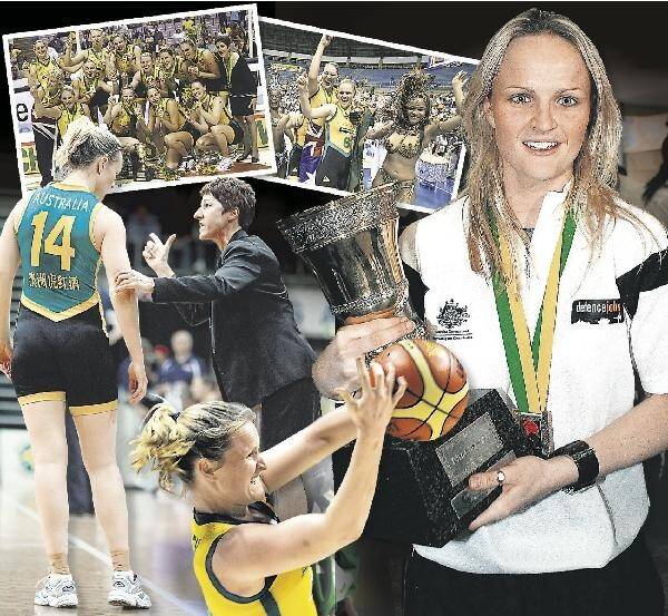 SCREEN CAREER: Jenni Screen talking to coach Jan Stirling during a match against the USA in 2006, left; celebrating the Opals' world championship in Brazil the same year, top; arriving back in Australia with the trophy, right; and battling for the ball against Senegal.