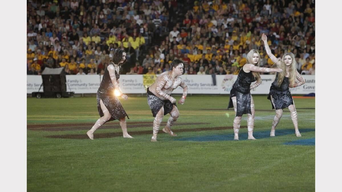 The opening ceremony of the Special Olympics on Sunday night. Aboriginal dancers welcome to country. Picture Jonathan Carroll
