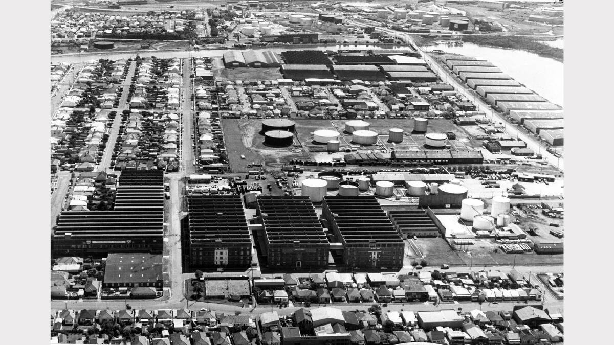 Newcastle’s wool sheds in 1978 (dark buildings in foreground and rows of sheds on the waterfront at top right).