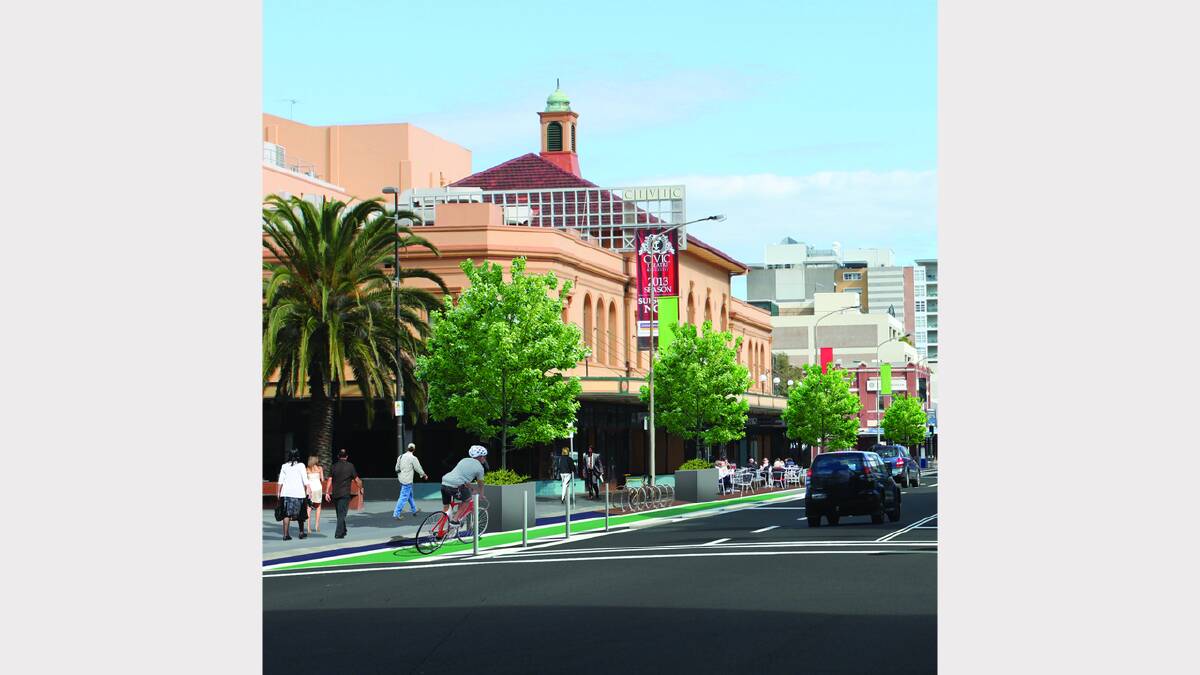 TRANSFORMED: An artist’s impression of what Hunter Street would look like with an extended footpath, bike racks, parklets and cycle lanes.