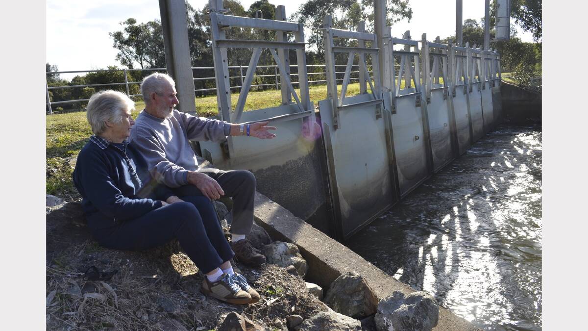 Geoff Hyde, with wife Pat, at the floodgates today. Geoff has prawned in the Hunter Estuary for 62 years.The installation of the floodgates in 1970 had a severe impact on his business. Photo: Jane Dickinson - Hunter-Central Rivers Catchment Management Authority