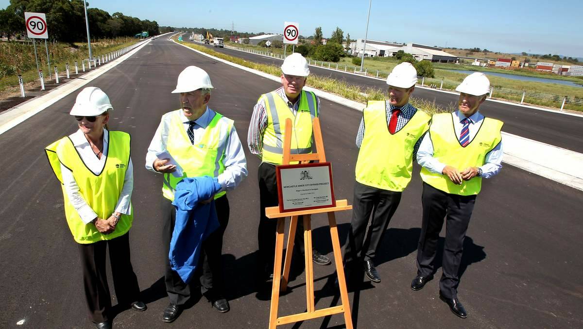 BIG OCCASION: Wallsend MP Sonia Hornery, Roads Minister Duncan Gay, Port Stephens MP Craig Baumann, Charlestown MP Andrew Cornwell and Newcastle MP Tim Owen attend the unofficial opening of the Shortland-to-Sandgate bypass.  Picture: Phil Hearne