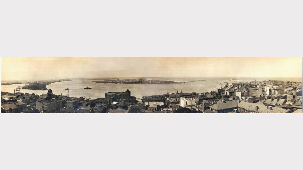 ARCHIVAL REVIVAL 1900s: Photographs from the Newcastle Herald's files.Newcastle Harbour: looking from the Cathedral across Newcastle, Newcastle East, the harbour to Nobbys, Stockton Bight, the River Islands and Port Waratah. 