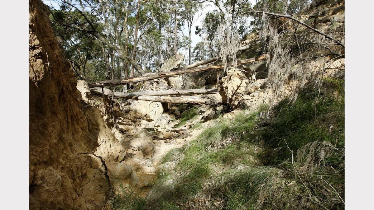 Mine subsidence in the Mount Sugarloaf Conservation Area.  Grouting has been piped in to fill some cracks in the ground, while others are let open. Picture: Darren Pateman