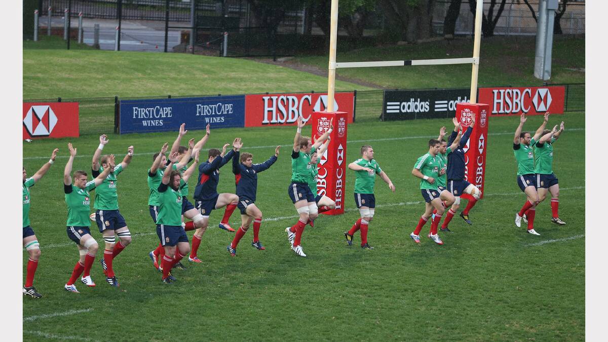 The Lions warm up at No.2 Sportsground on Monday. Picture GETTY IMAGES