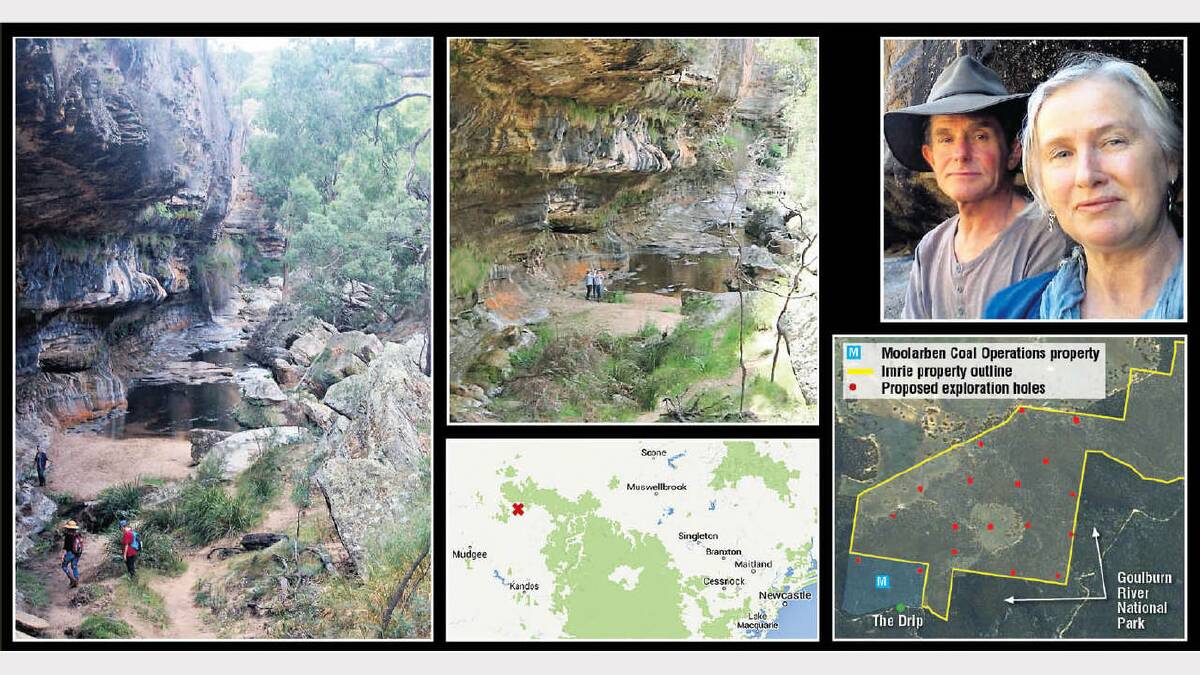 ABANDONED: Images of The Drip, left; landowners Colin and Julia Imries, top right, who own property adjacent to the Goulburn River National Park, see location map lower centre; and the red dots that indicate the location of the proposed drilling sites on their land, upper centre. 