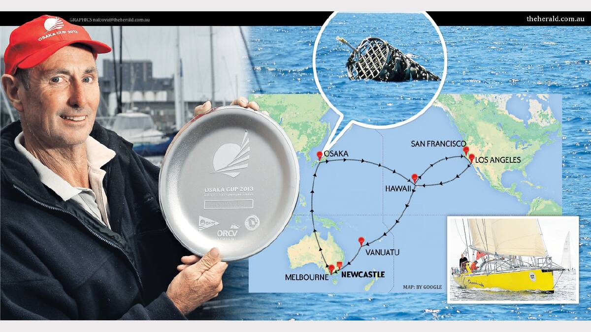 BACK: Clockwise from left, Ivan MacFadyen with his memento of the race, debris drifting off the coast of Japan, the sailing route and the Funnelweb.