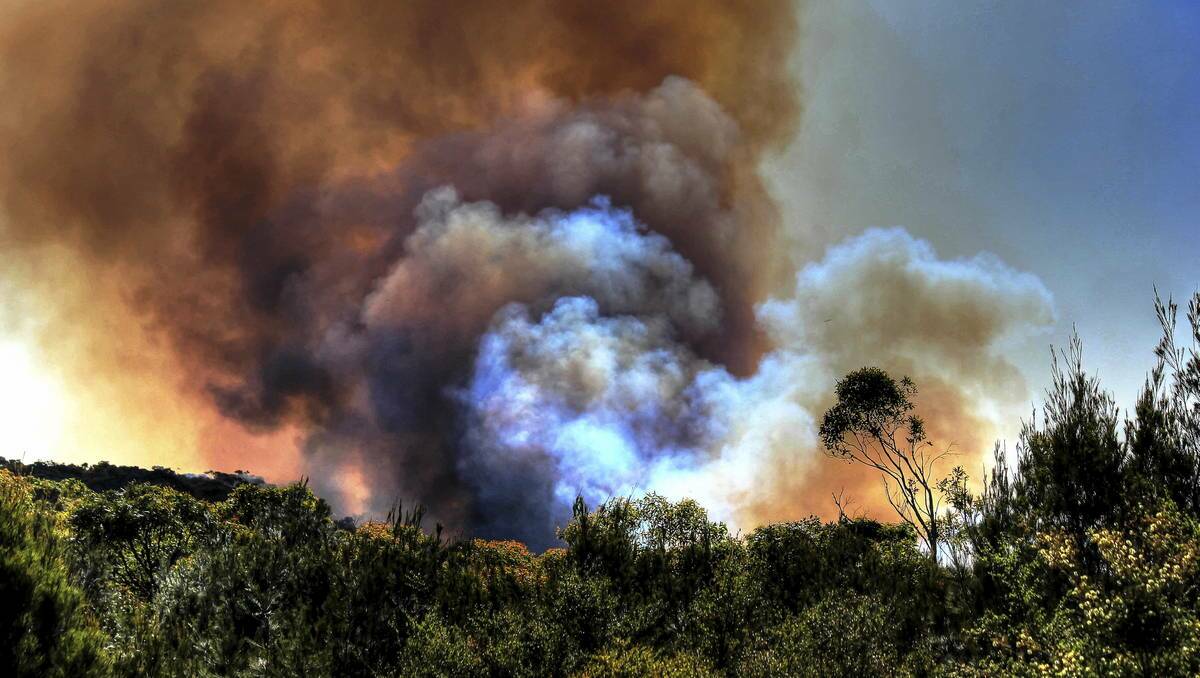 OVERWHELMING: Smoke billowing from the fire at Awabakal Nature reserve yesterday. Picture: Kathie Maybury 