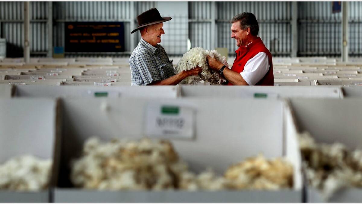 Ron Raynor, Grower and Merino Stud Breeder looking at his wool with Craig Brennan Manager Elders Premier Wool before sale at Elders October 3 day sale in Wickham. 9th OCTOBER 2012. Picture by SIMONE DE PEAK. 
