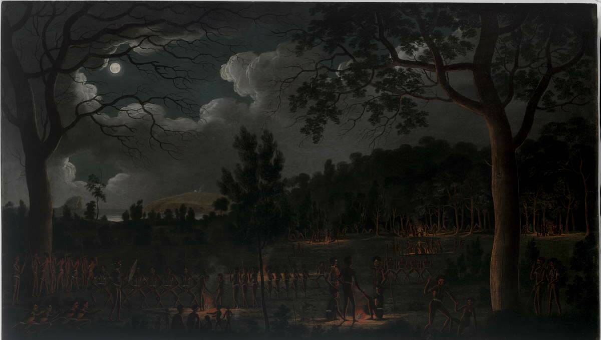 ATMOSPHERIC: Corroboree at Newcastle, the fascinating oil painting by Joseph Lycett.   Picture: Courtesy of State Library of NSW
