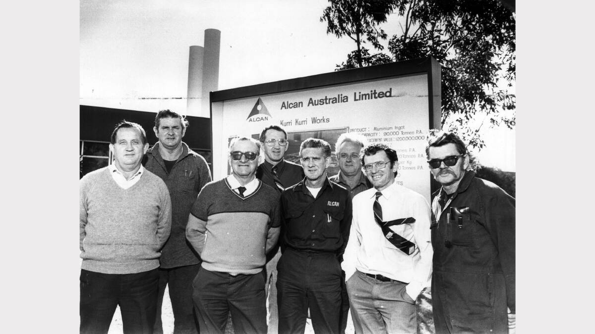 Men with 15 years service at Alcan aluminium smelter, Kurri Kurri. Shown left to right are Tom Moorcroft, George Tweedie, Frank Dawson, Dennis Corr, Derrick Hopper, Len Thomas, Malcolm Knight and Harry Wallace on  August 1, 1984. Picture: David Johns  