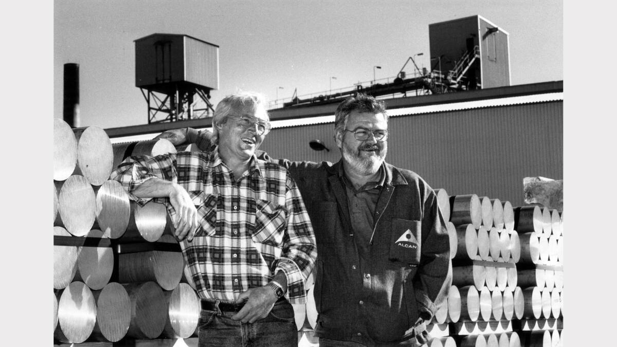 Alcan aluminium smelter emplyees Alex Trotmar and Graeme Graham, who have 25 years service to the company, on  August 3, 1995. Picture: Kylie Dawson  