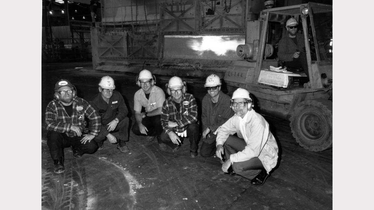 Casting plant no LTI for 1 year. Left to right: Graham Waller, furnace man, Terry Turner, the chairman of Safety Committee, Tony Duggan, technician, Norman Phelps, leading hand, Peter Daley, furnace man, Barrie Haigh,  casting department manager, on March 19, 1992. Picture: Eddie Cross  