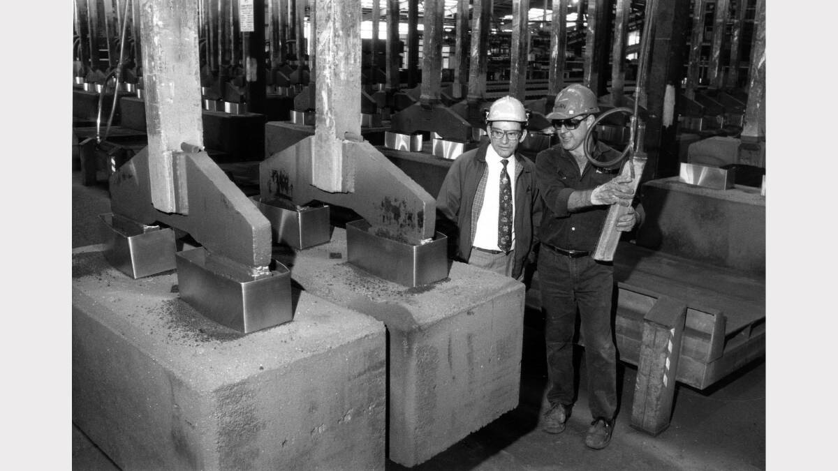Alcan announced a $20 million upgrade of the Kurri Kurri aluminium smelter.Acting works manager Malcolm Knight with plant operator Ian Jeffrey, on March 31 1994. Picture:  Waide Maguire.