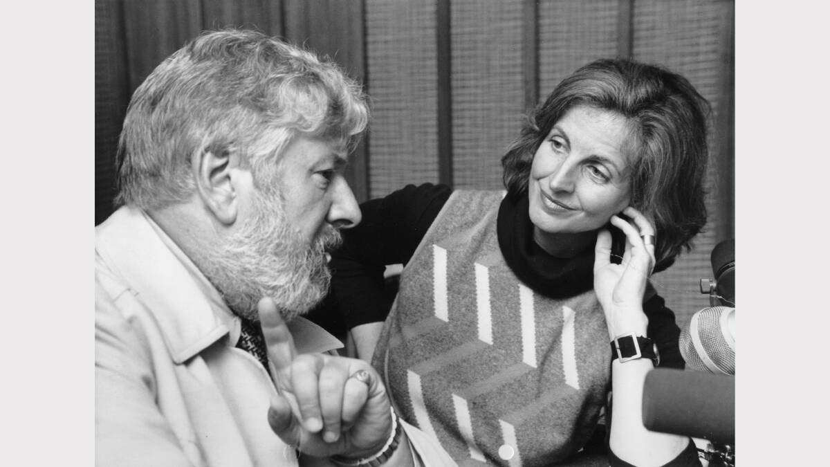 ON THE JOB: Top, Caroline Jones interviewing Peter Ustinov on ABC Radio in 1978.