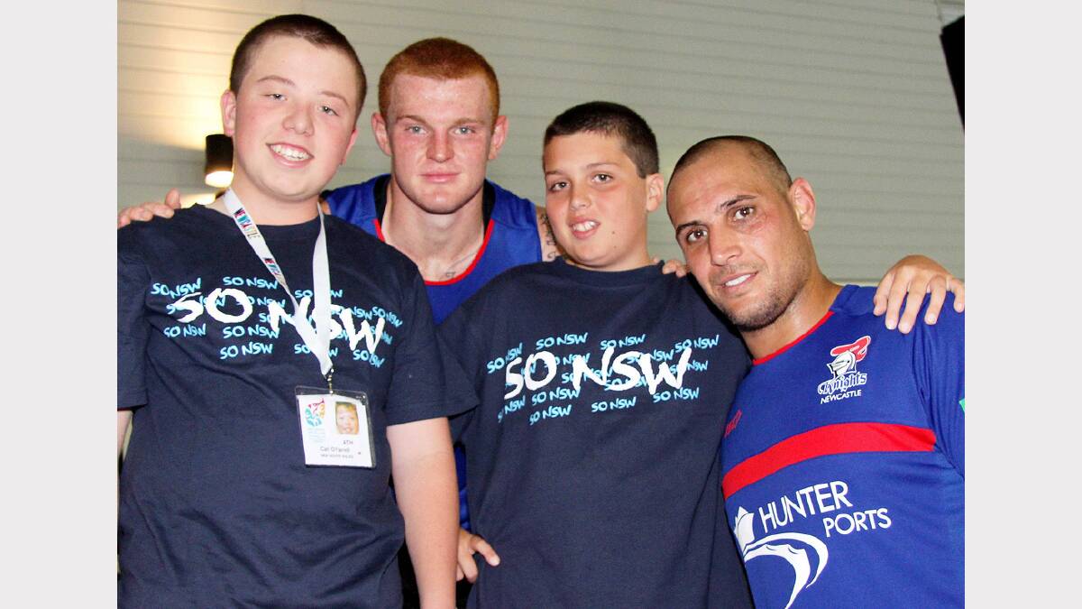 Newcastle Knights NRL players Alex McKinnon and Jeremy Smith dropped in to watch some of the action at the Aquatics on Day 1 of competition. With Carl O'Farrell and Hayden Scott. Picture: Peter Muhlbock / Special Olympics Australia